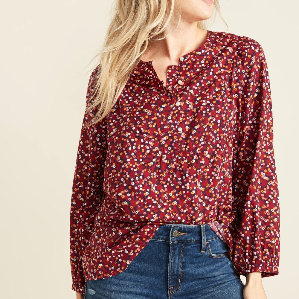 Old Navy Bib Tunic Long Sleeve Burgundy Blouse XXL Fall Floral Prairie Cottage